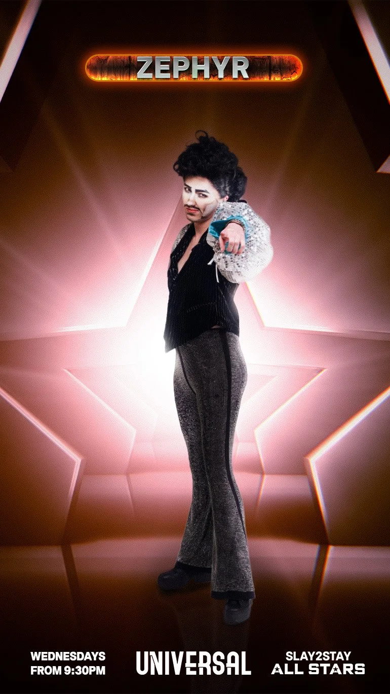 Promotional poster featuring a person in retro 70s style clothing with a star background, the name 'Zephyr' at the top, and details about a show or event at the bottom.