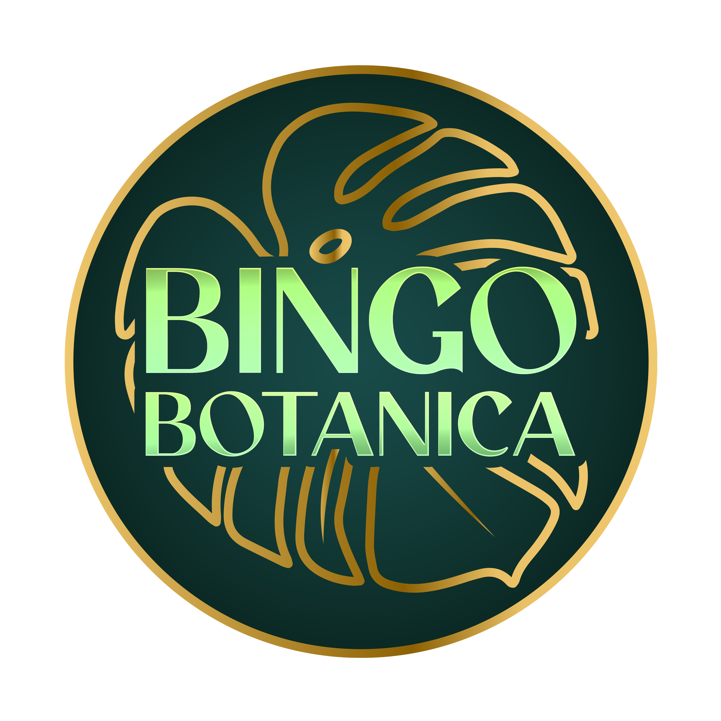 A logo with a dark green circular background and gold outlines. It features a stylized handshake or leaf design above the text 'BINGO BOTAICA' in bright green letters.