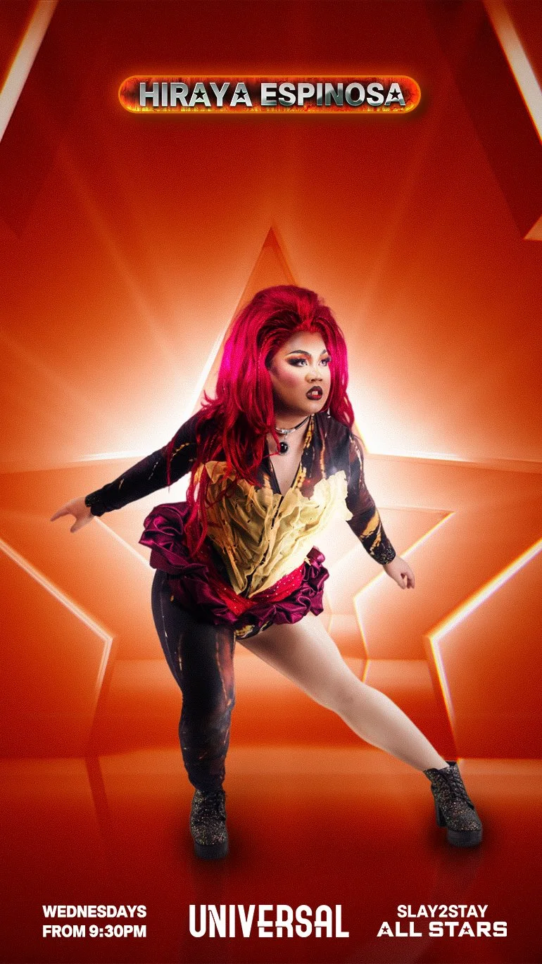 Poster of Hiraya Espinosa with bold text, featuring a person with bright pink hair in a dynamic pose, wearing multi-colored clothing and platform shoes, against a fiery star background promoting the show 'Universal' on Wednesdays at 9:30 PM on SLAY2STAY All Stars.