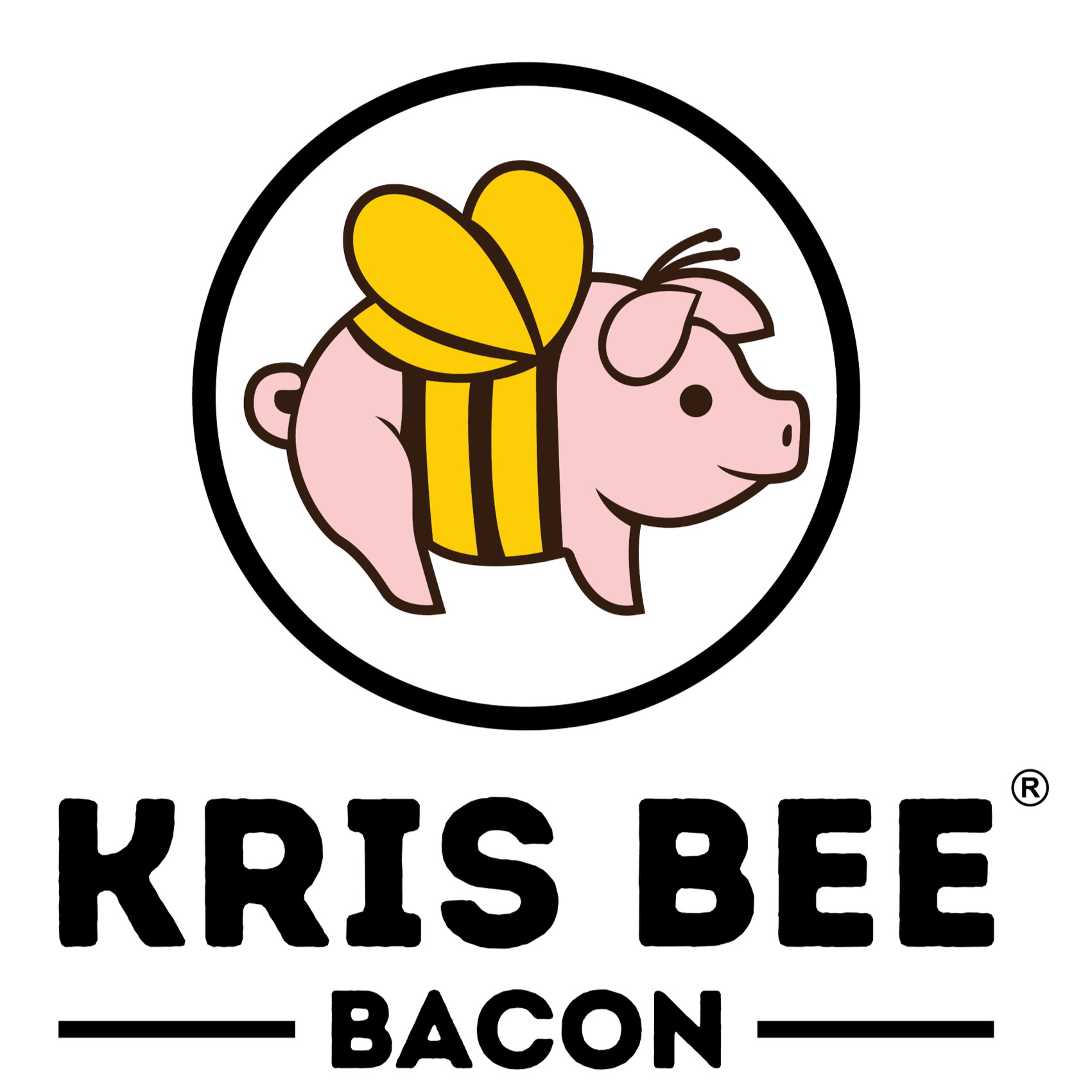 A logo featuring a cartoon pig's head with a pink face, a brown snout, and a yellow bee with wings on top, with the text 'KRIS BEE BACON' below.