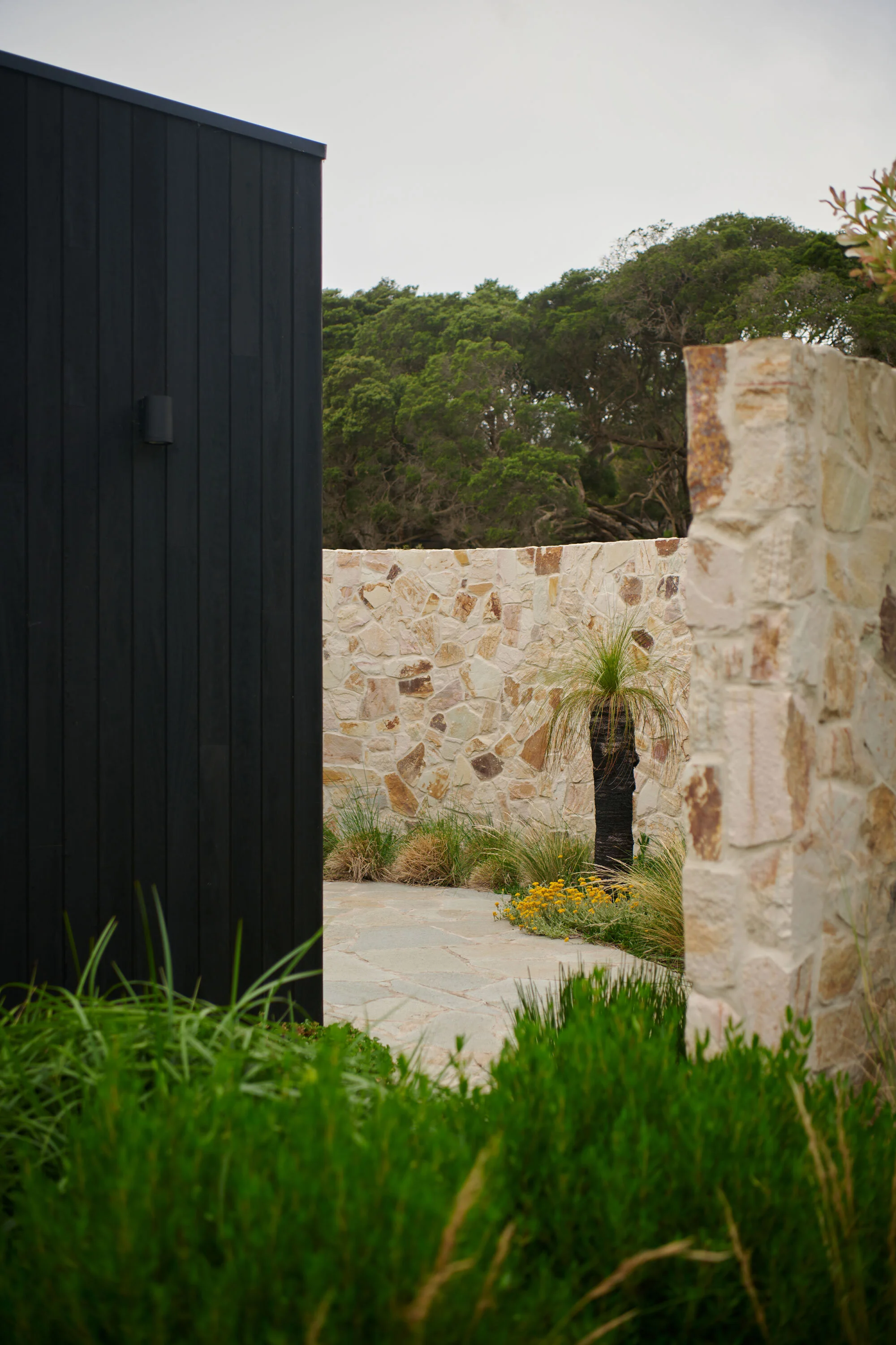 Coastal residential landscape design at Whitecliffs featuring indigenous planting and coastal landscape architecture
