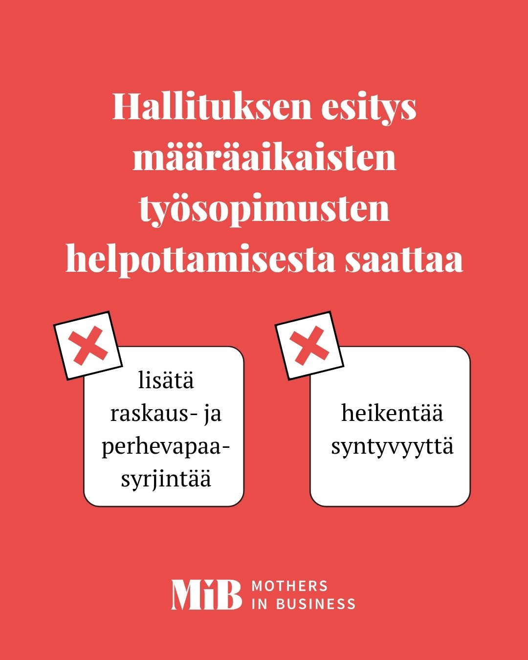 Olemme huolissamme hallituksen esityksest&auml; helpottaa m&auml;&auml;r&auml;aikaisten ty&ouml;sopimusten solmimista. ❌ Riskin&auml; on, ett&auml; uudistus lis&auml;&auml; raskaus- ja perhevapaasyrjint&auml;&auml; ja heikent&auml;&auml; syntyvyytt&a