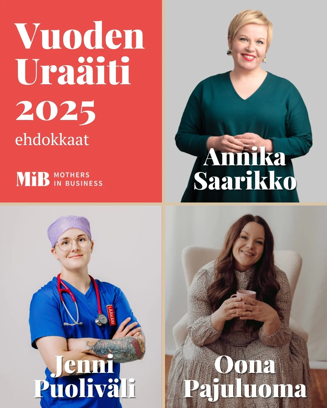 Saammeko esitell&auml;: Vuoden Ura&auml;iti 2025 ehdokkaat!

Ansioituneita &auml;itej&auml; on Suomessa palkittu jo pitk&auml;&auml;n, mutta me MiBiss&auml; haluamme ensimm&auml;ist&auml; kertaa historiassa antaa tunnustusta uraa ja perhett&auml; yht