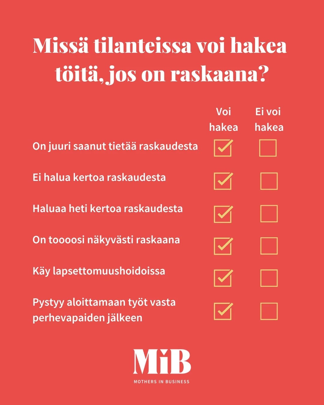 Voiko hakea uutta ty&ouml;paikkaa, jos on raskaana? 🤔🤰

Ent&auml; pit&auml;&auml;k&ouml; raskaudesta kertoa jossain vaiheessa rekryprosessia? 🤫

Kysymys ty&ouml;n hakemisesta raskaana mietitytt&auml;&auml; monia naisia. Moni kokee jollain tapaa hu