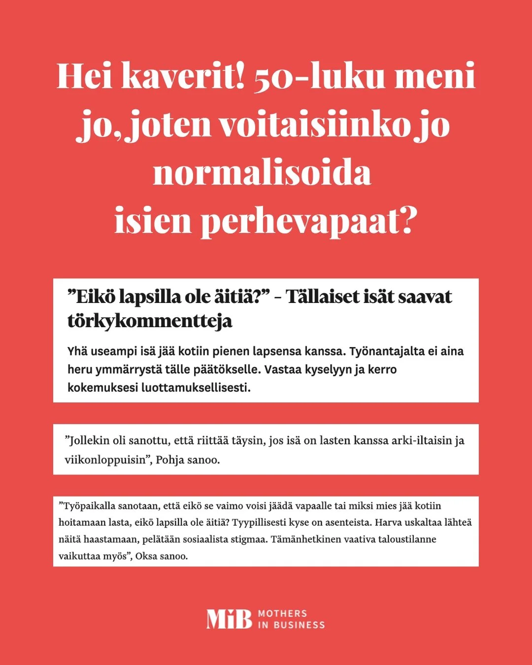Isyyslomalle on voinut j&auml;&auml;d&auml; jo 70-luvulta l&auml;htien, mutta ty&ouml;el&auml;m&auml;n asenteissa isien perhevapaita kohtaan on viel&auml; parantamisen varaa. ❌

Talousel&auml;m&auml; uutisoi hiljattain, ett&auml; vaikka yh&auml; usea
