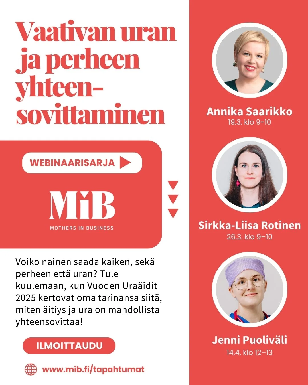 Voiko nainen saada kaiken, sek&auml; perheen ett&auml; uran? Tule webinaarisarjaamme kuulemaan, kun Vuoden Ura&auml;idit 2025 kertovat oma tarinansa siit&auml;, miten &auml;itiys ja ura on mahdollista yhteensovittaa!

Vaativan uran ja perheen yhteens