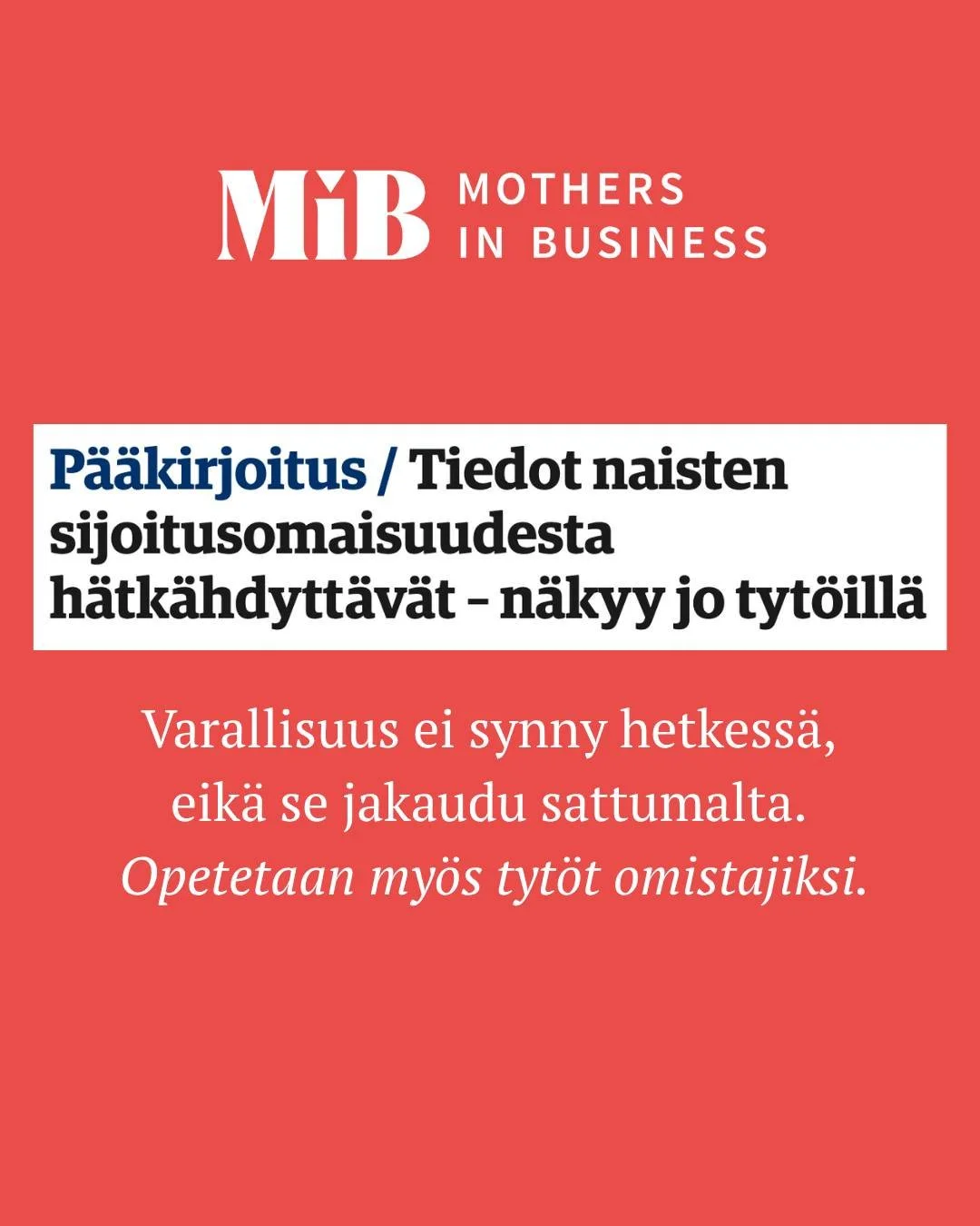 Suomessa on edelleen mittavat erot miesten ja naisten varallisuuden v&auml;lill&auml;, ja erot n&auml;kyv&auml;t jo lapsille sijoittamisessa, kirjoittaa Riina Nevalainen Kauppalehden p&auml;&auml;kirjoituksessa 22.5.

Danske Bank: Miehill&auml; on ti