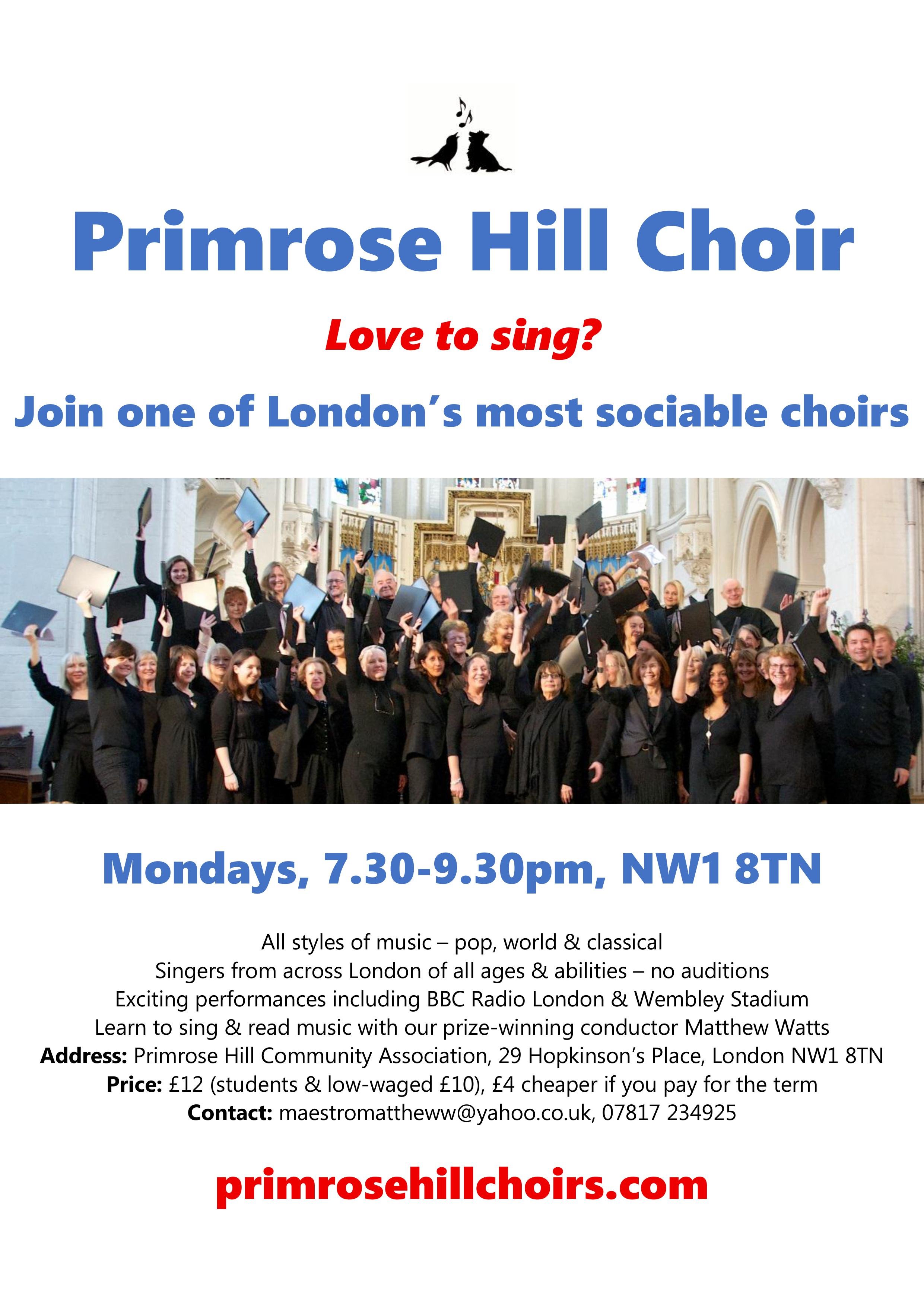 Primrose Hill Choir north London adult choir no audition poster