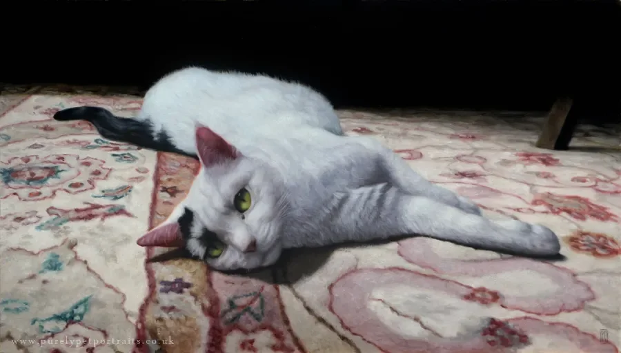 oil painting of a cat laying on decorative carpet
