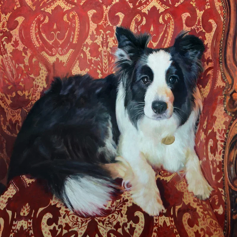 oil painting of a border collie sitting on a red chair with intricate design