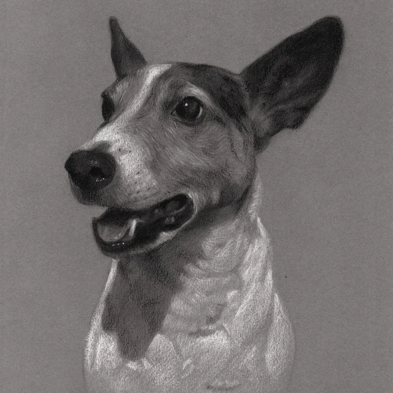 Head and shoulders charcoal drawing of jack russell looking to the right