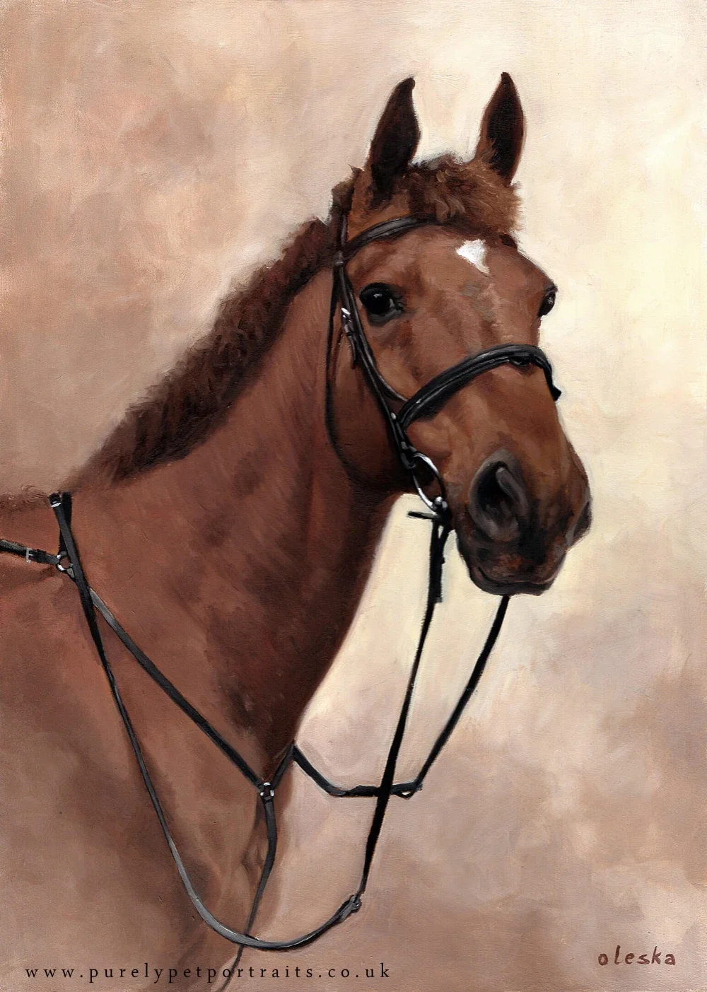 oil painting of a brown horse, head and shoulders on a light brown background
