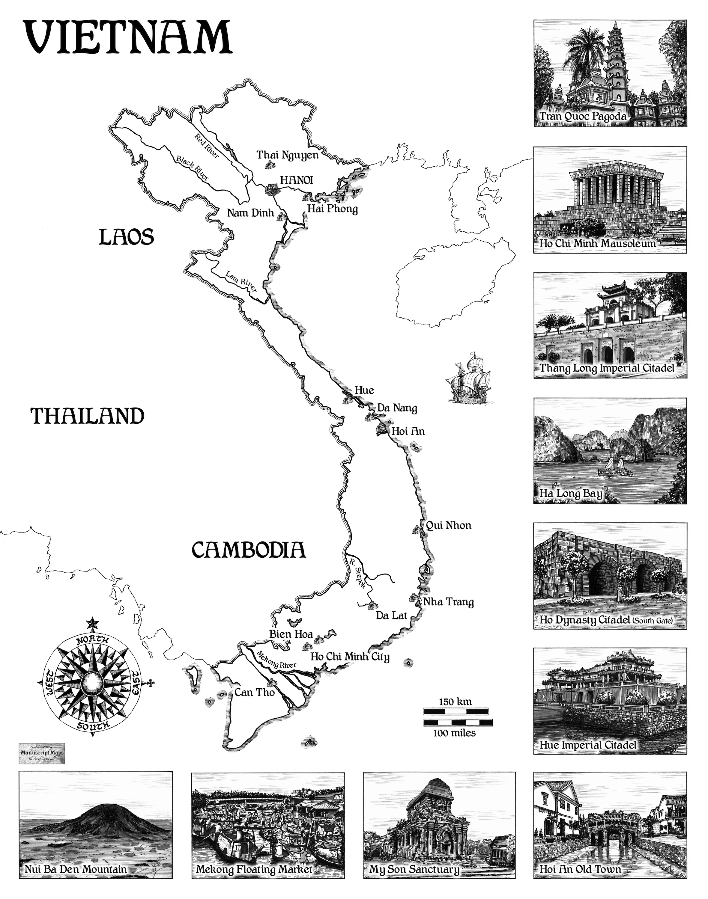 Map of Vietnam with illustrations of major attractions