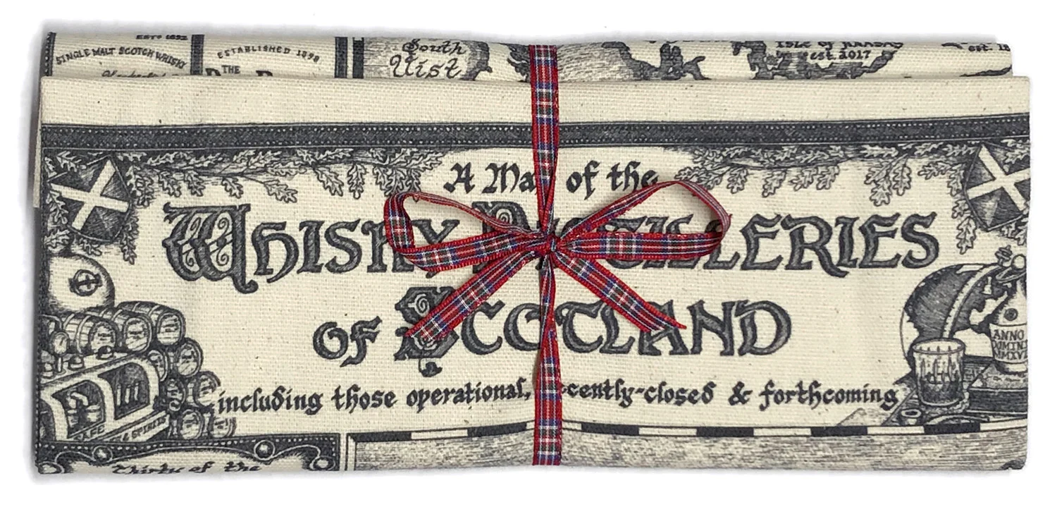 Scotch Whisky distilleries map tea towel folded