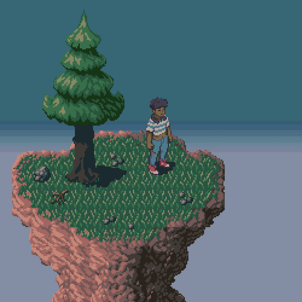Current sprite (one direction of 8 way movement). Beginning to establish an appealing, androgynous look at an appropriate size for animation.