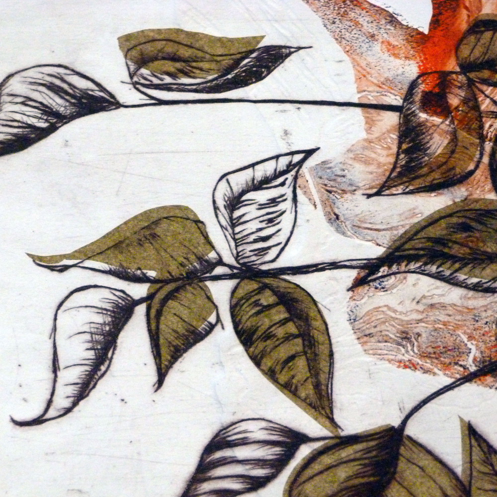 Leafy drypoint print, with a linoprint overlay
