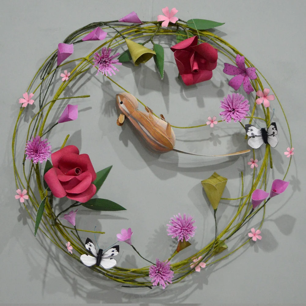 Jasper the Chipmunk on a pink floral hoop with cabbage white butterflies