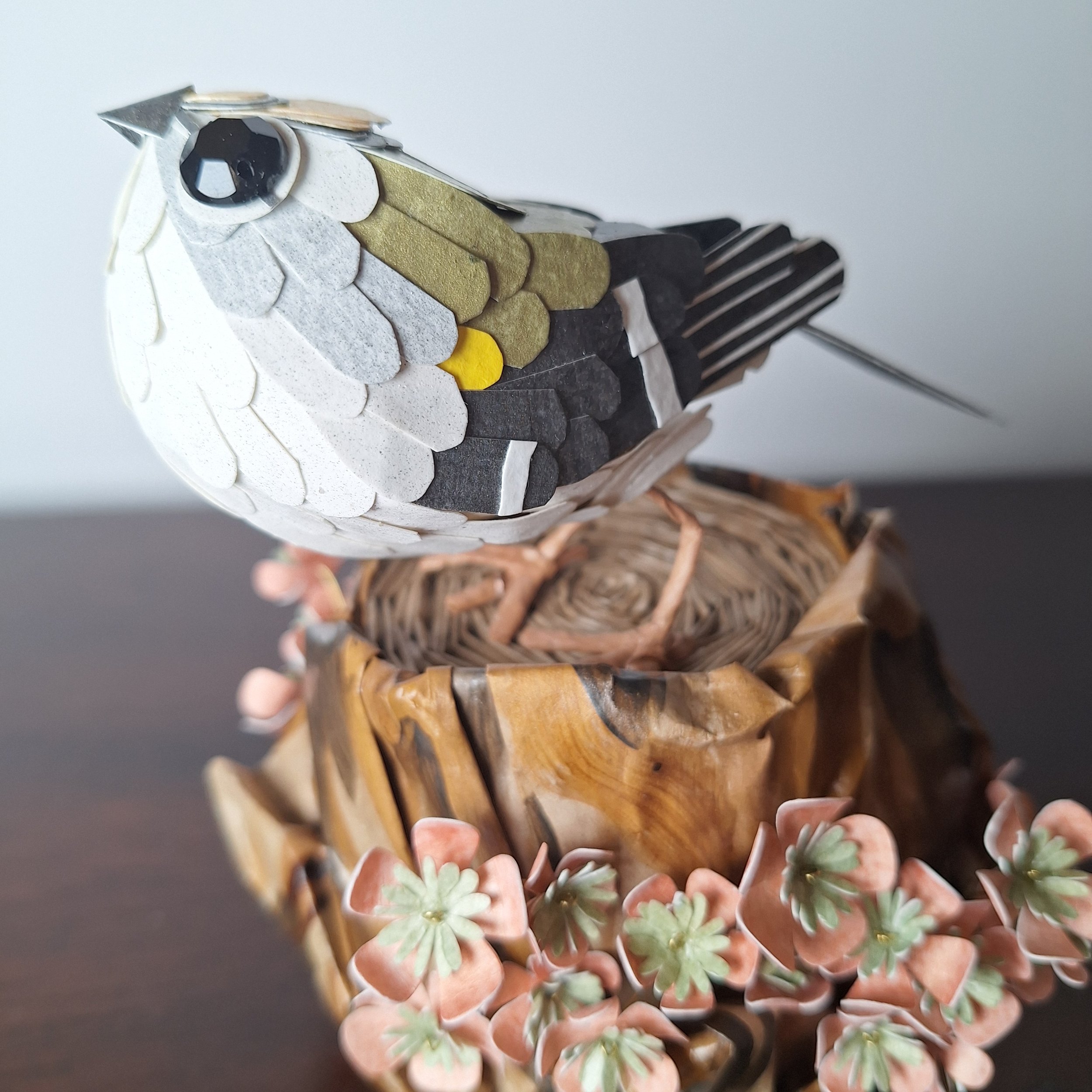 Goldcrest bird sculpture, handmade from paper