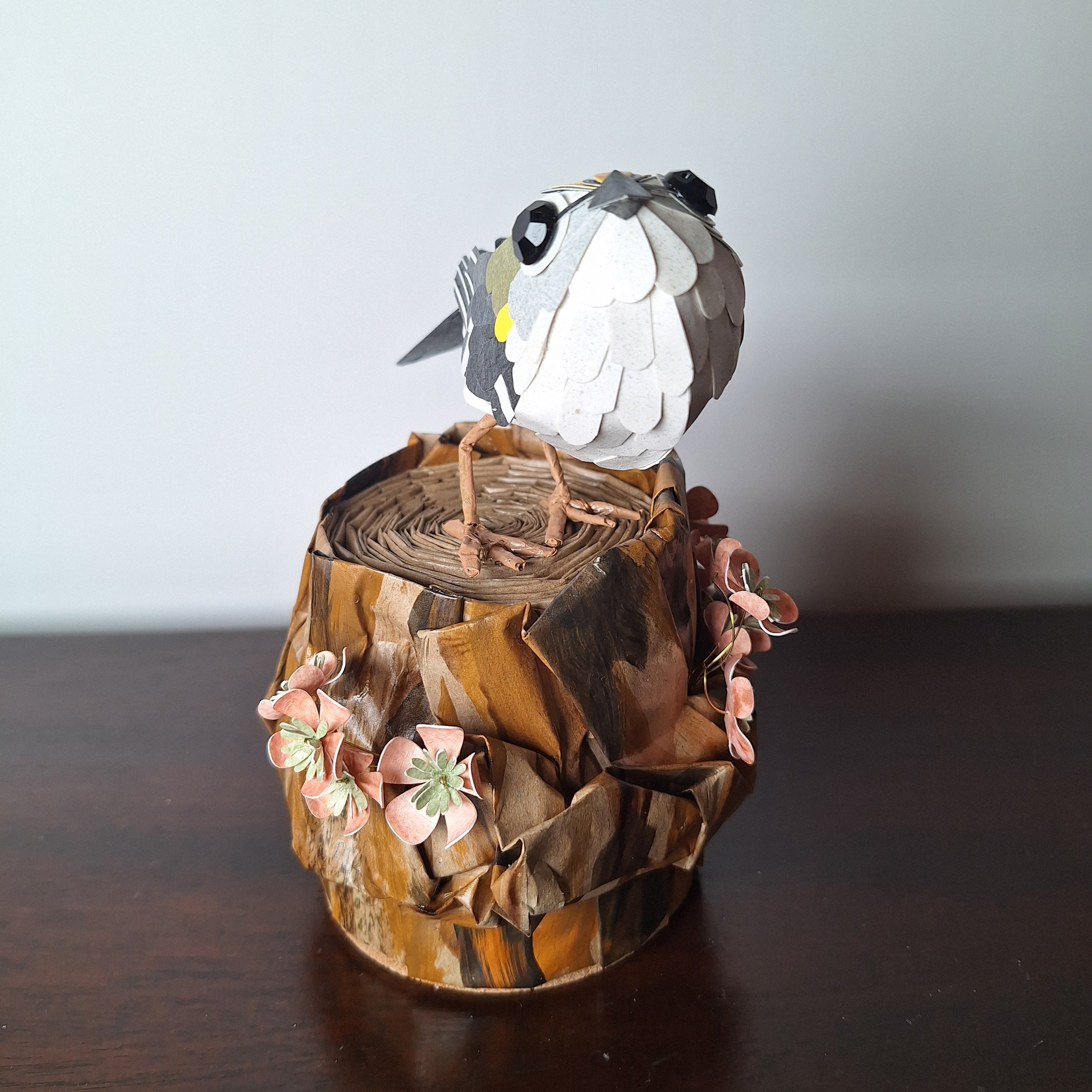 Goldcrest bird sculpture, handmade from paper
