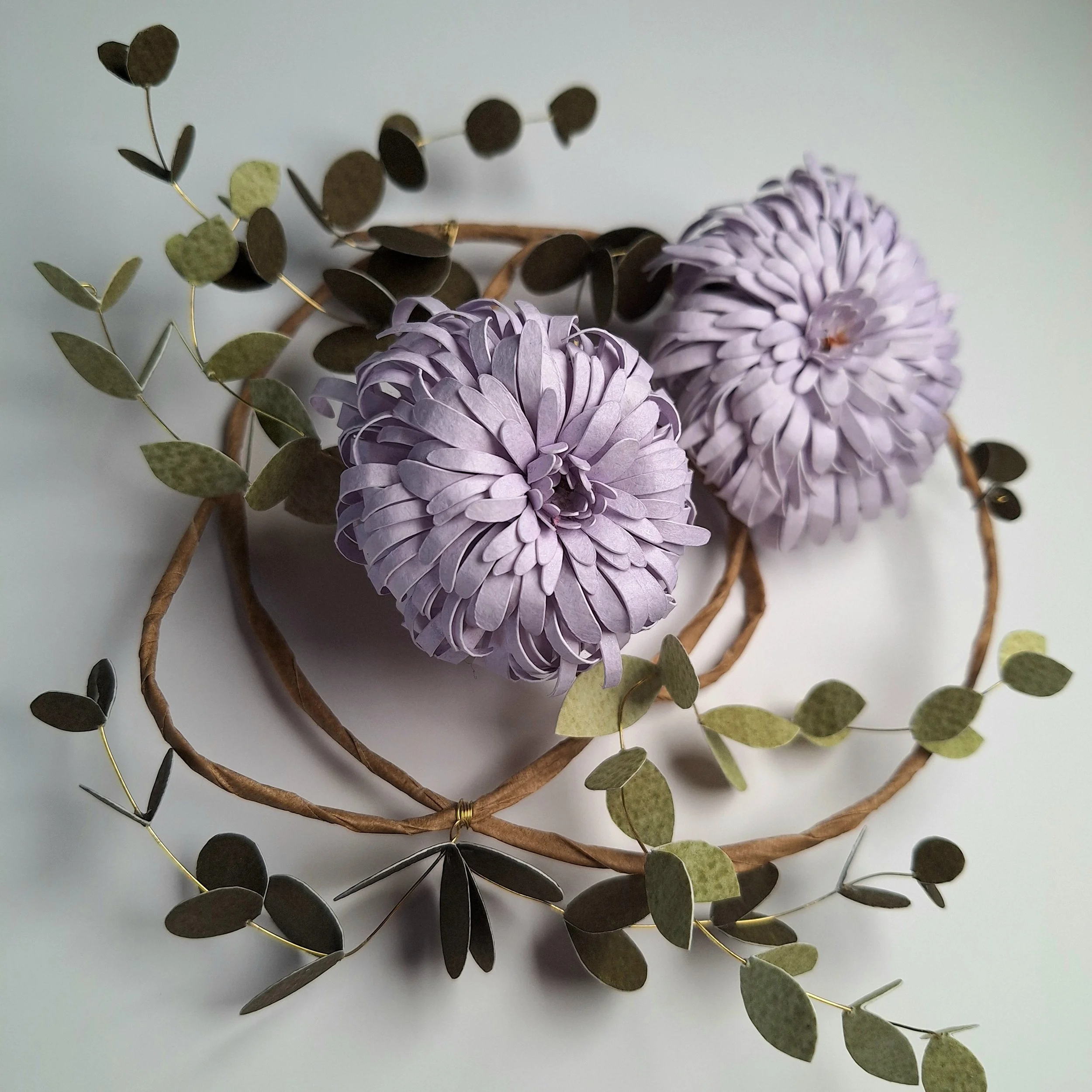 pale purple flower wreath, made from recycled papers