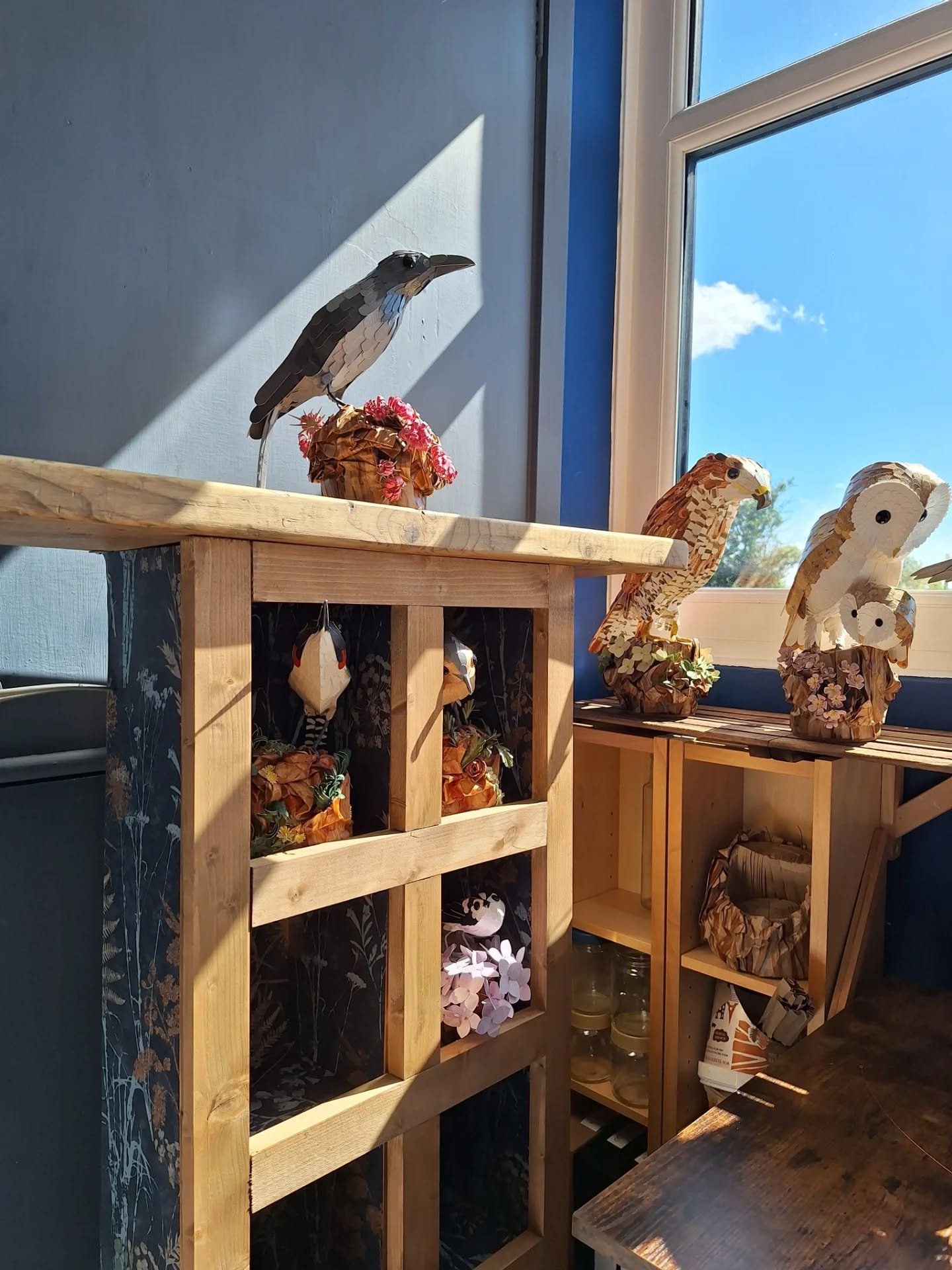 When life gives you an old ikea dvd cupboard you don't want to chuck in landfill, make a storage cupboard for your bird sculptures 😁 I cobbled together a frame from some spare bird room wood. My sawing skills are laughable, as I have the coordinatio