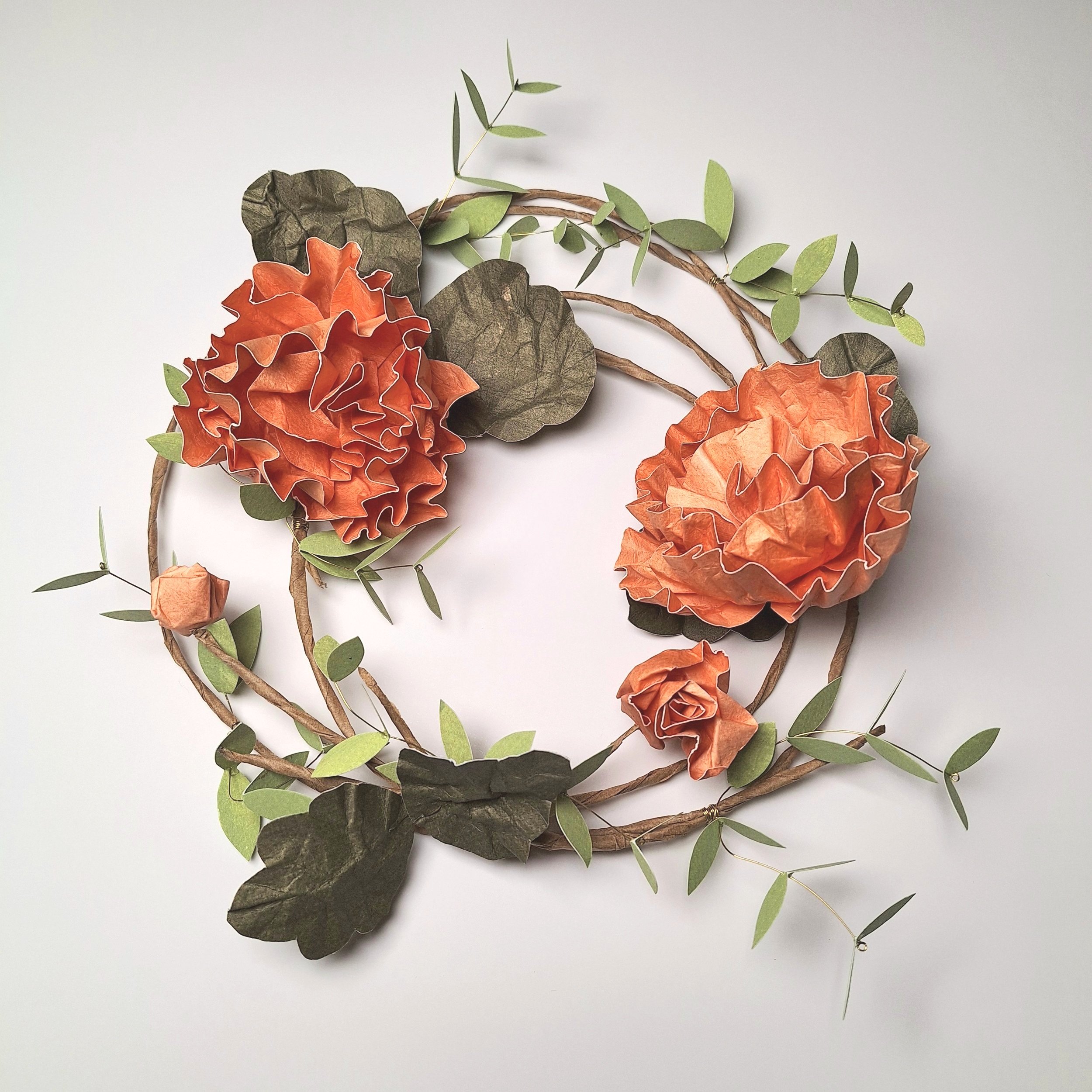 orange hollyhock flowers made from hand printed papers