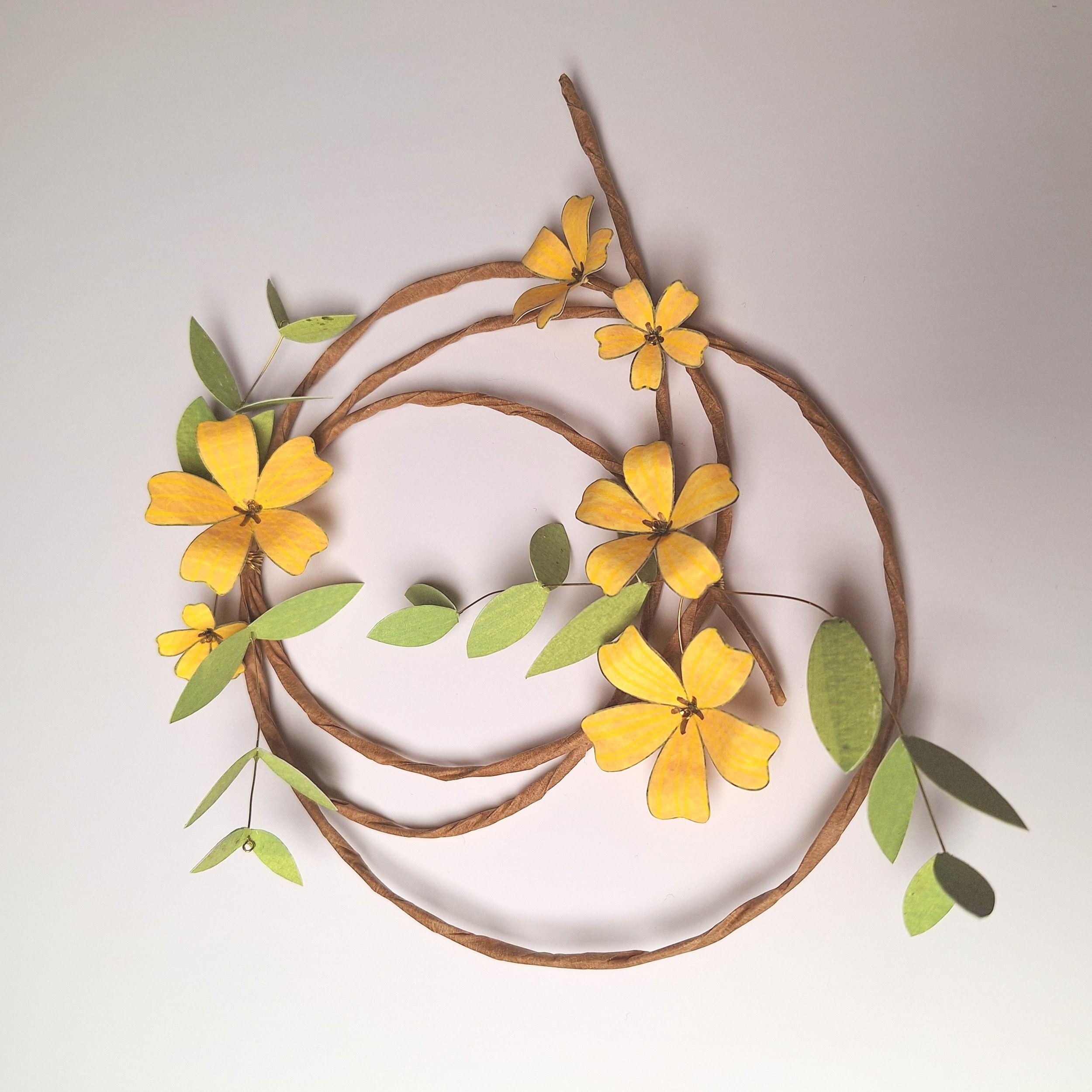 Paper flower wreath, handmade with yellow flowers