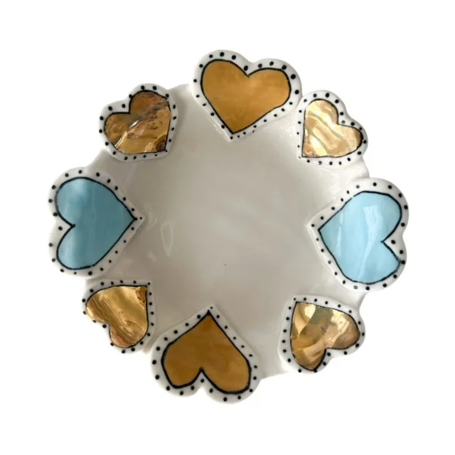 Pale Blue & Mustard Hearts Small Round Dish