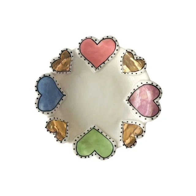 Lilac, Green, Pink, Blue & Gold Hearts Small Round Dish