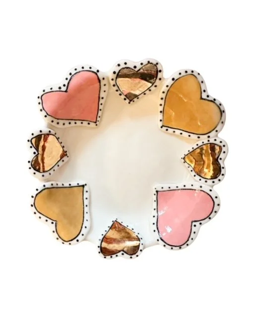 Pink & Mustard Hearts Small Round Dish