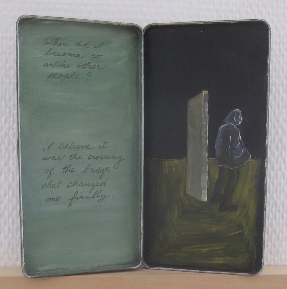Carolyn Prescott, Crossing the Bridge, 2015 - 2020, oil on tin box, open 19 x 19 cm