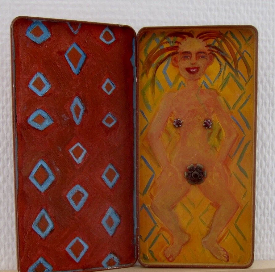 Carolyn Prescott, Trickster, 2015 - 2020, oil on tin box, open 19 x 19 cm