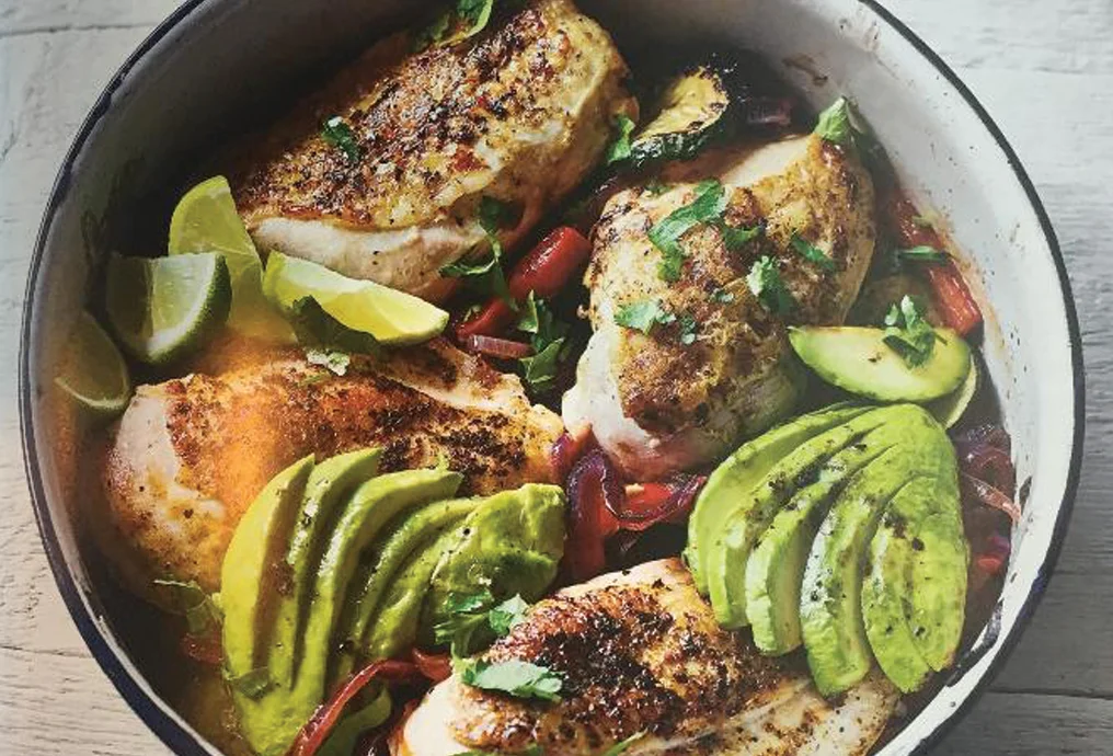 PICTURED: Cajun chicken with seared avocados.
