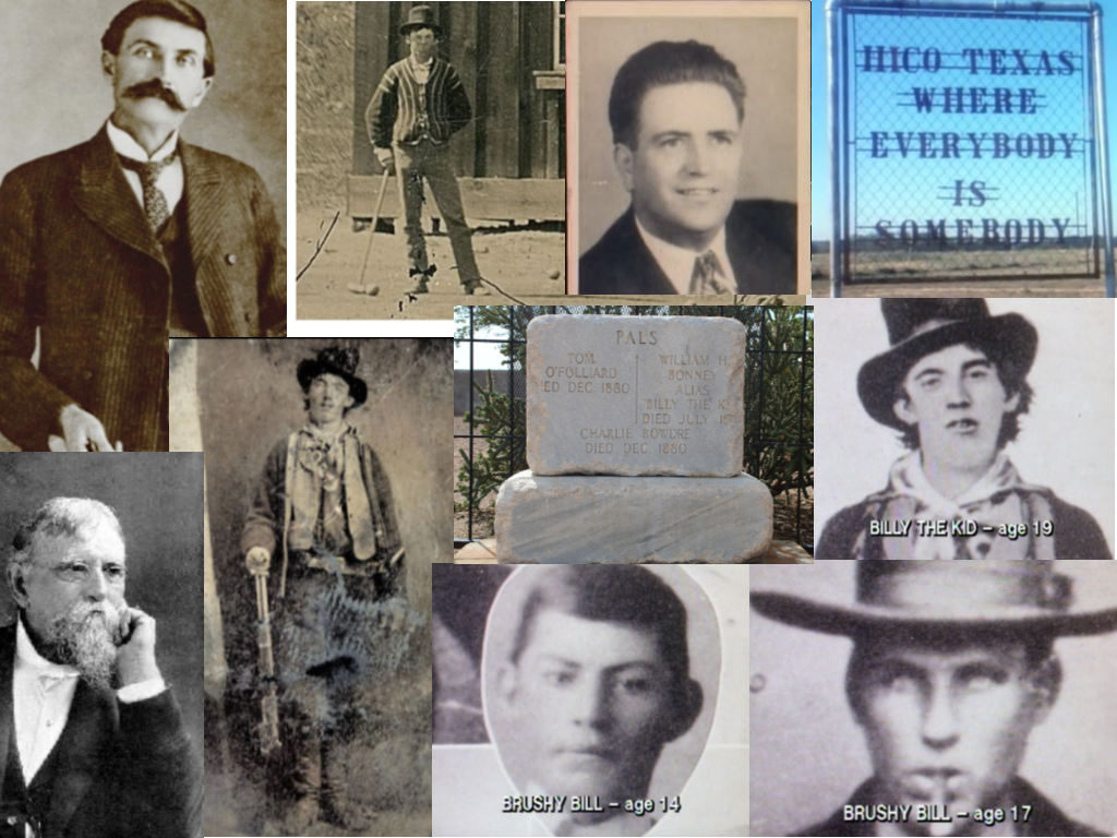 All images are from Unsolved Mysteries unless otherwise noted: Clockwise: Sheriff Pat Garrett, c. 1903 (Wikipedia.com), Billy plays croquette (History.com), William Morrison, Hico Texas, Billy the Kid-age 19, Brushy Bill-age 17, Brushy Bill- age 14, Un-retouched original ferrotype of Bonney, 1880 (Wikipedia.com), Gov Lew Wallace (legendsofamerica.com), Joint grave marker of O'Folliard, Bonney AKA Billy the Kid, and Bowdre, at Fort Sumner, New Mexico (Wikipedia.com)