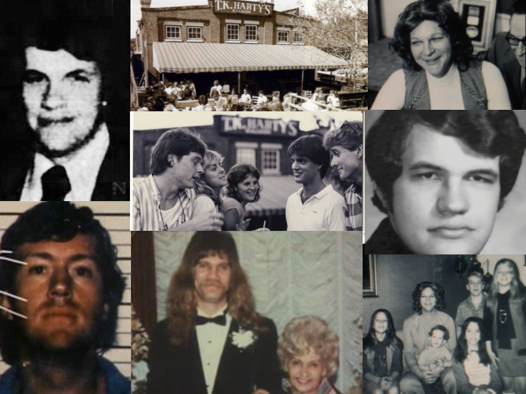 All images are from Unsolved Mysteries unless otherwise noted. Clockwise: TK Harty (newspapers.com), TK Harty’s (Facebook), Liz Carmichael, TK Harty, Liz Carmichael & her 5 children, Tin & Terri McClure, John Mooney, TK Harty’s crowd (Facebook)