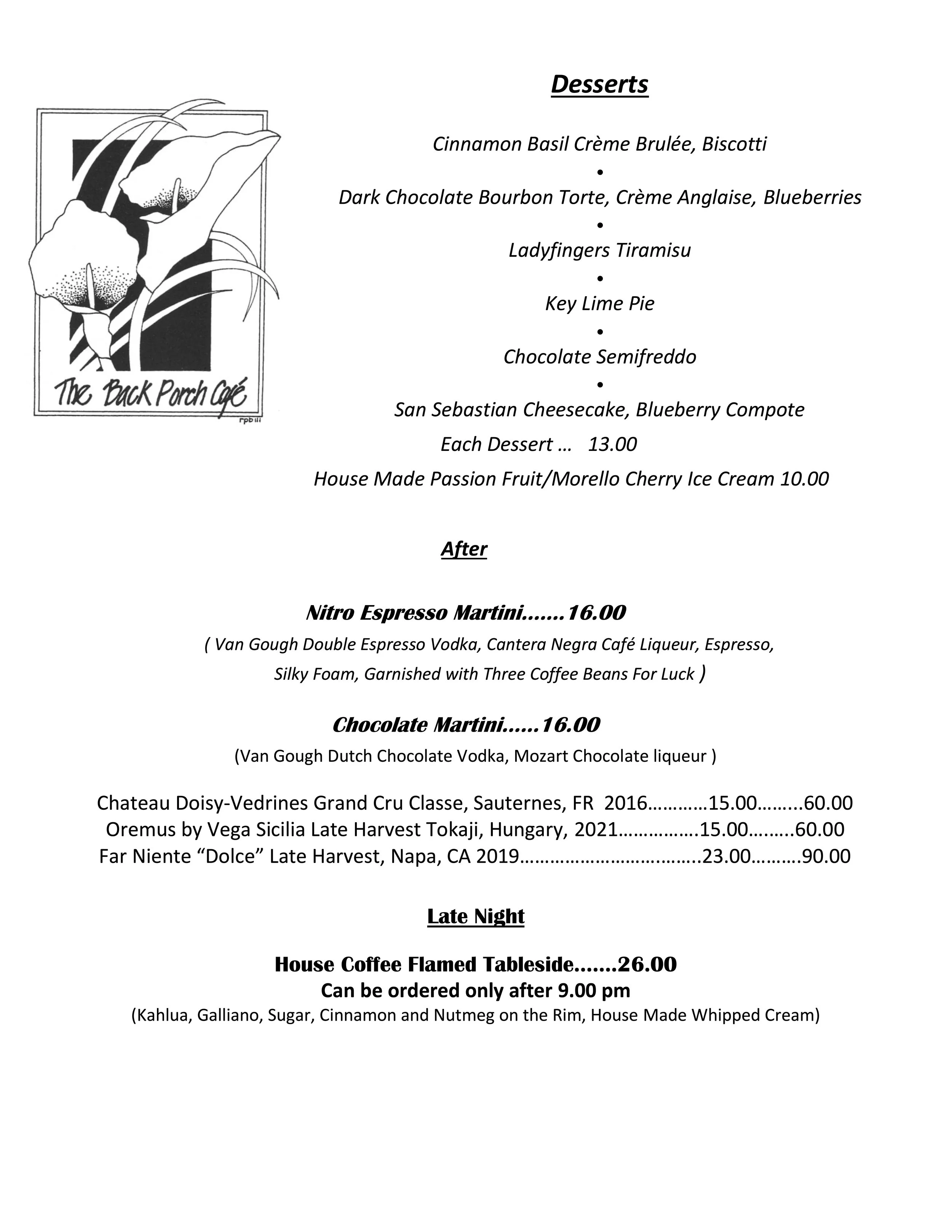 Cafe menu featuring desserts, after-dinner drinks, wines, and late night house coffee, with a logo of a flower and the cafe name in stylized text.