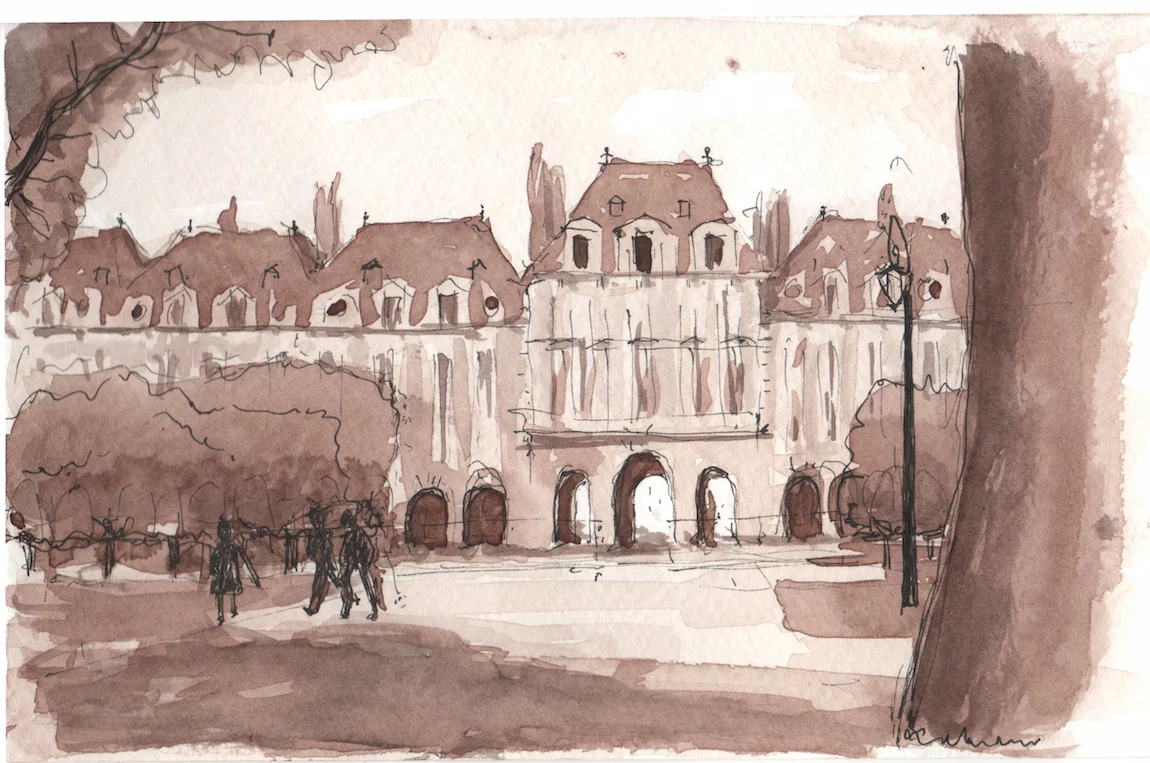 a sketch at Place des Vosges in the Hubert Robert method, 2017
