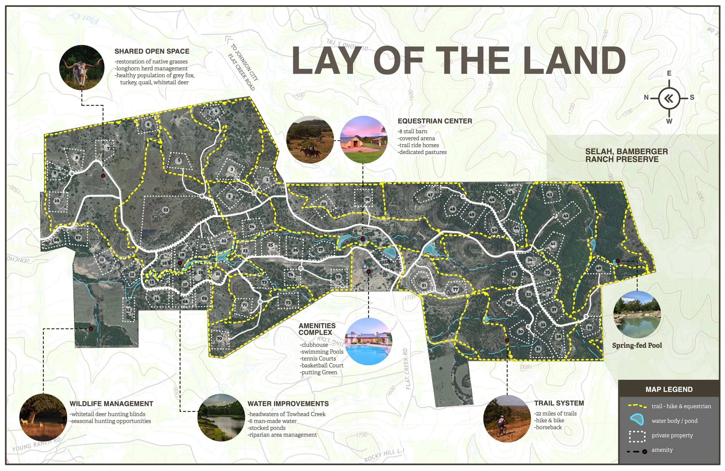 Map of Lay of the Land ranch with trails, water features, and amenities. Features include shared open space, an equestrian center, amenities complex, wildlife management, water improvements, trail system, and Selah, Bamberger Ranch Preserve.