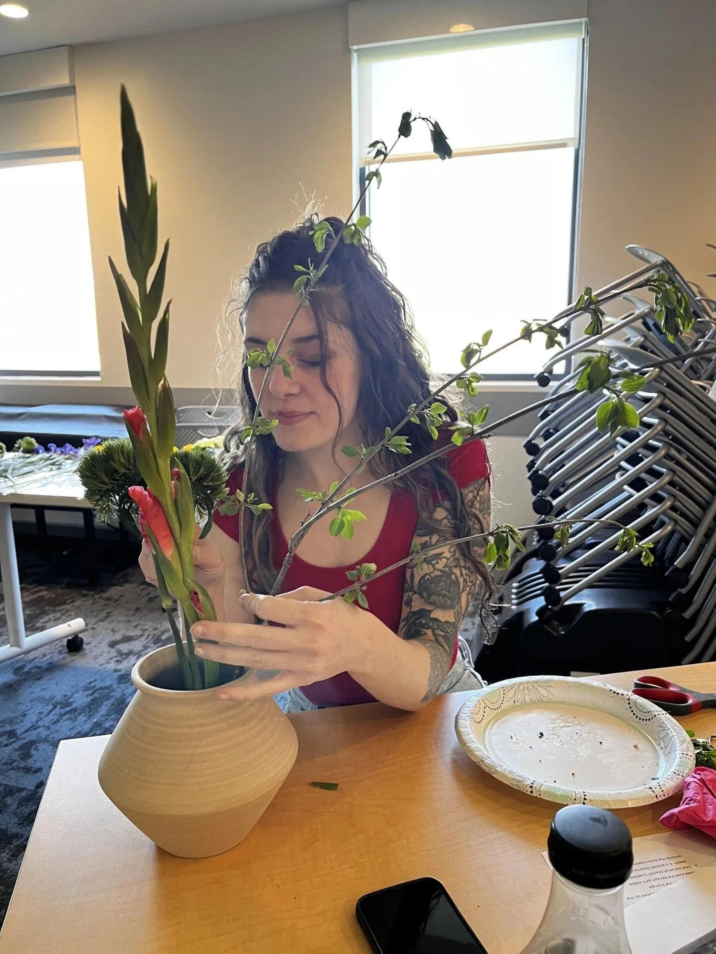 Amber creating her Ikebana arrangement.