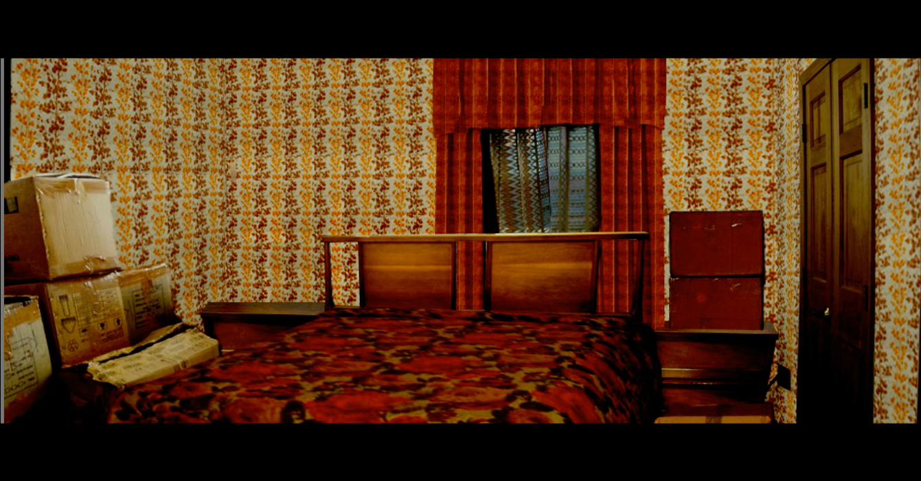 A sample rendering of a location, edited through Photoshop to show how the purchased set dressing would look. Historically accurate wallpaper, window dressings, and bed linens are used.