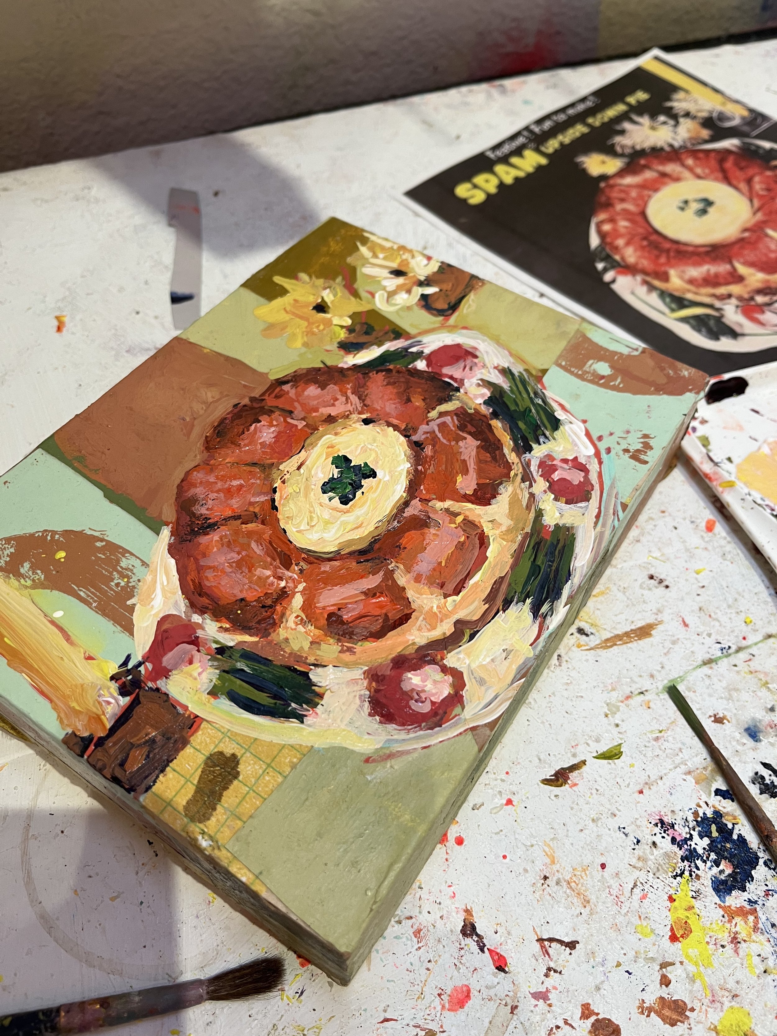 Spam Upside Down Pie 5x7 Original Painting on Cradled Panel