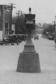 Indiana’s first electrified traffic signal in Carmel, Ind. - invented by Haines. Carmel Clay Historical Society Photo.