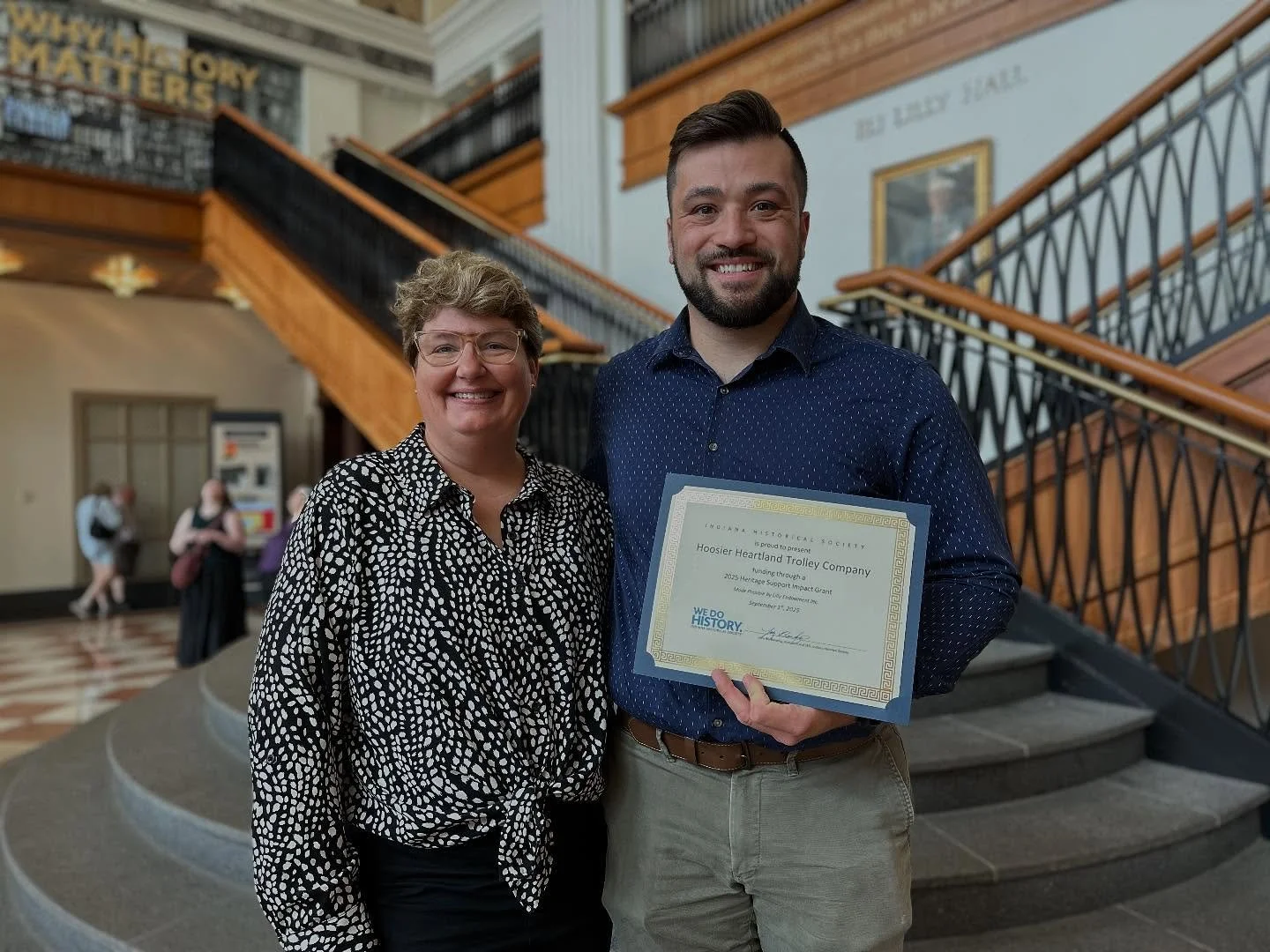 🎉 𝐄𝐱𝐜𝐢𝐭𝐢𝐧𝐠 𝐍𝐞𝐰𝐬! 🎉 Today, Cameron Nichols, our co-founder and president, and Michelle Yerkeson, our volunteer coordinator, received our $100,000 Impact Grant at the Indiana Historical Society @indianahistory in Indianapolis! This grant 