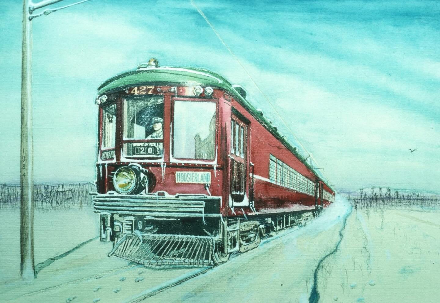 ❄️ Even in frigid weather, Indiana's high-speed electric interurban trains rushed across the Indiana countryside from town to town, linking rural communities and delivering perishable goods in a cloud of snow flurries. This painting from George Kramb