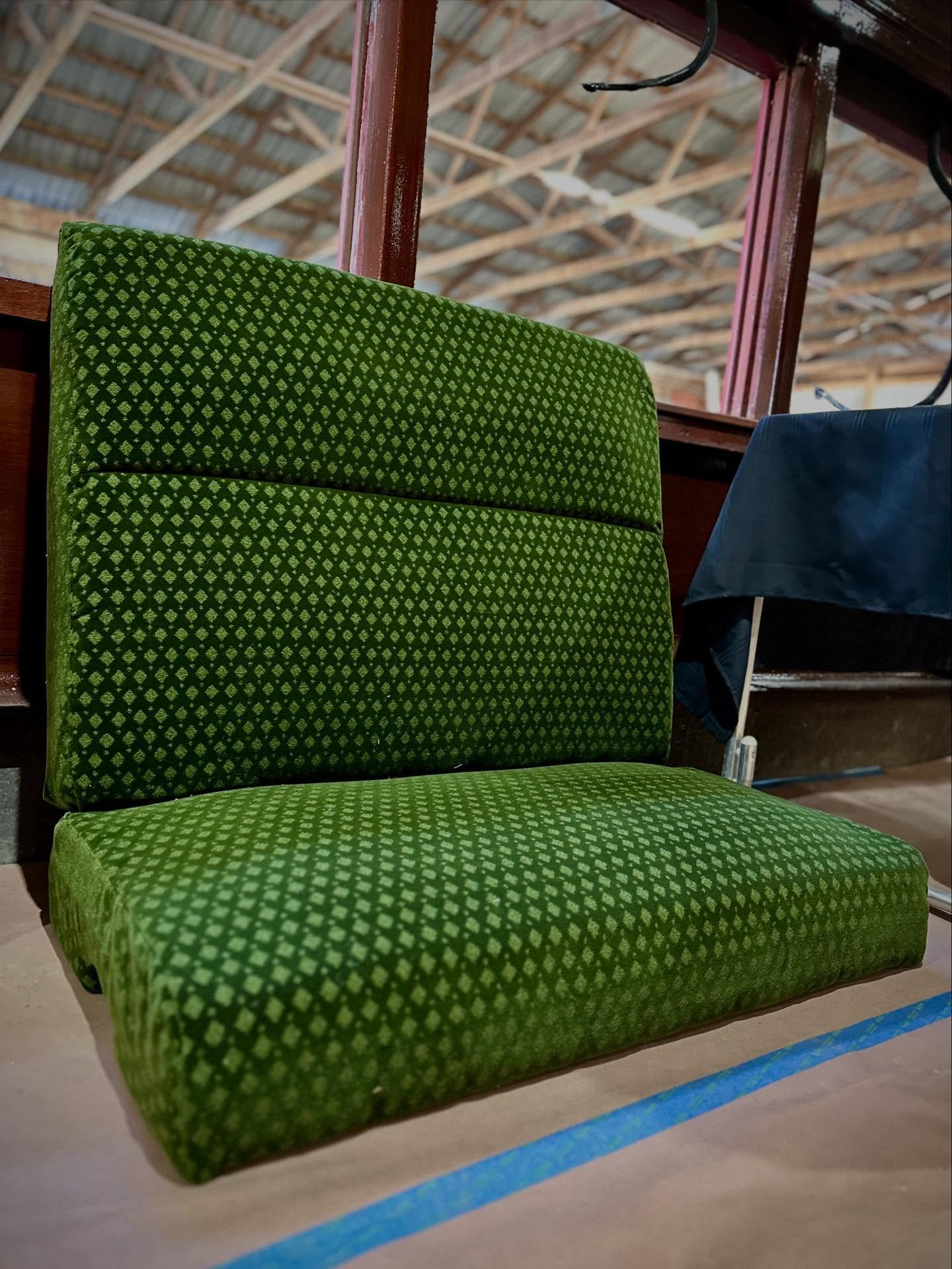 🍀 We're gearing up for St. Patrick's Day with green- checkered mohair fabric seat backs and bottom cushions inside Union Traction interurban no. 429 &mdash; for the first time in 86 years!

With all original seats long gone when the car was decommis