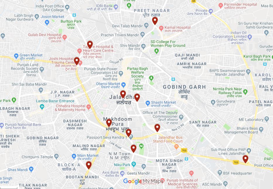 The eleven chowks selected for the pan city traffic junction project under the smart city mission.  Source: Google