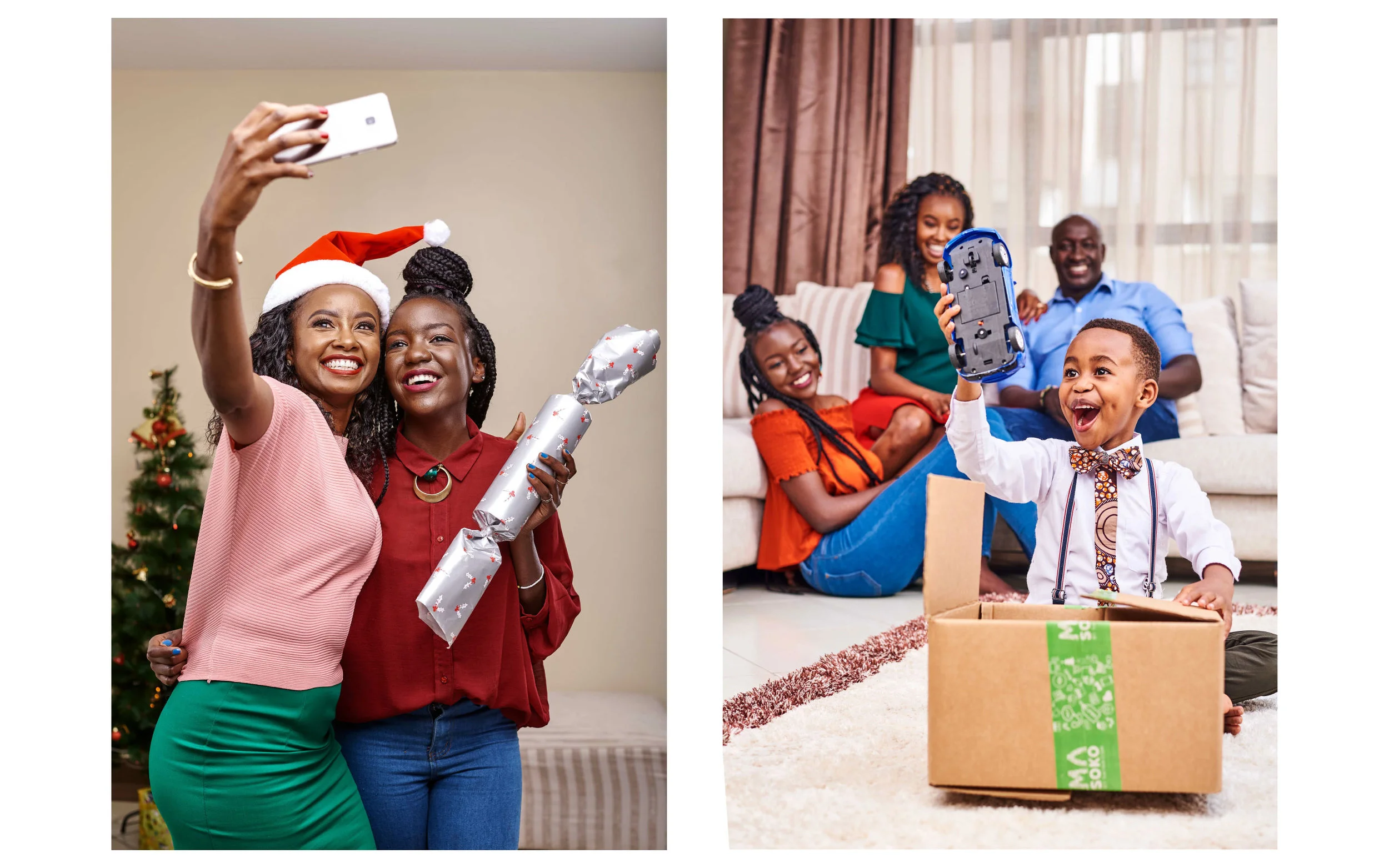 Two images: Left shows two women taking a selfie, one wearing a Santa hat and holding a gift. Right shows a child excitedly holding a toy car in front of a family sitting on a couch.