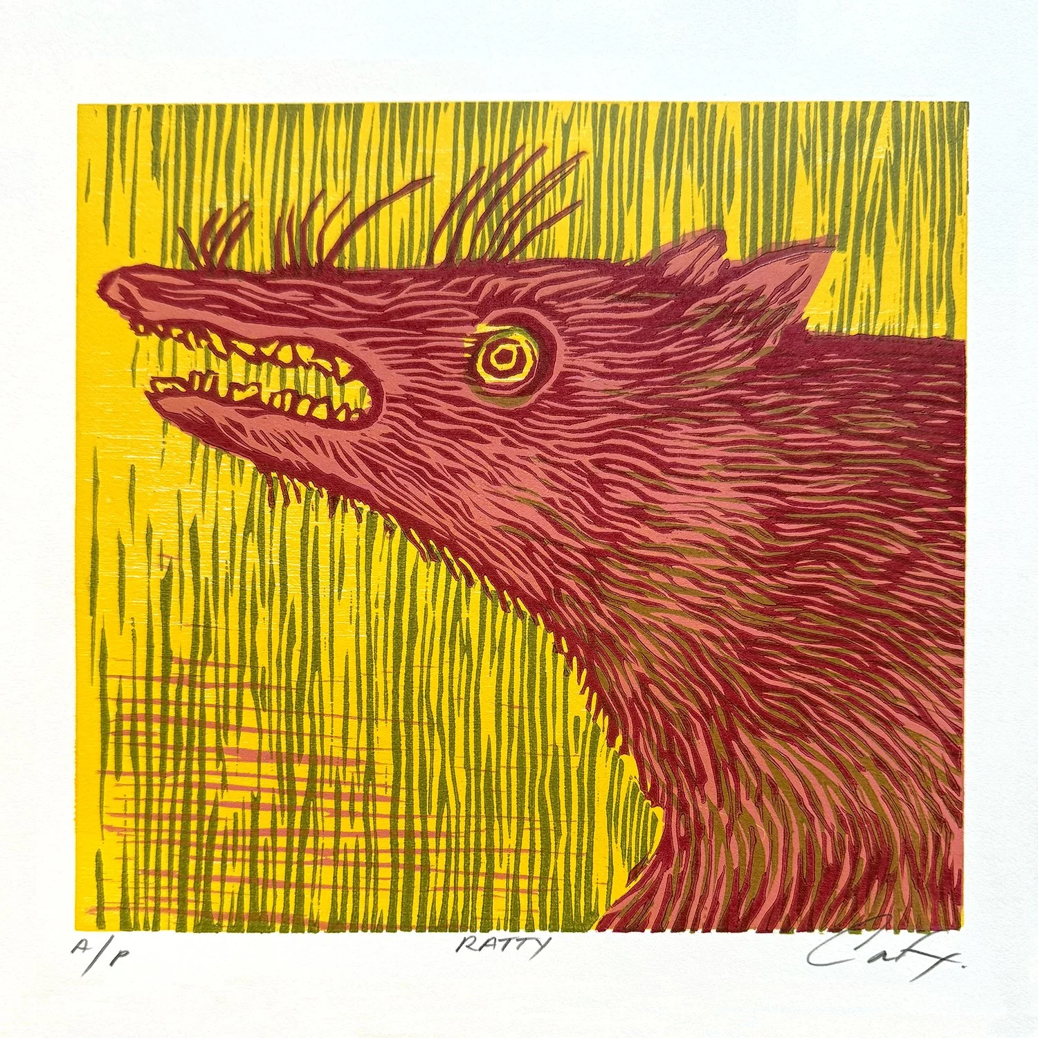 Ratty, 4-layer/color woodcut, 9 x 9 inches, 2025