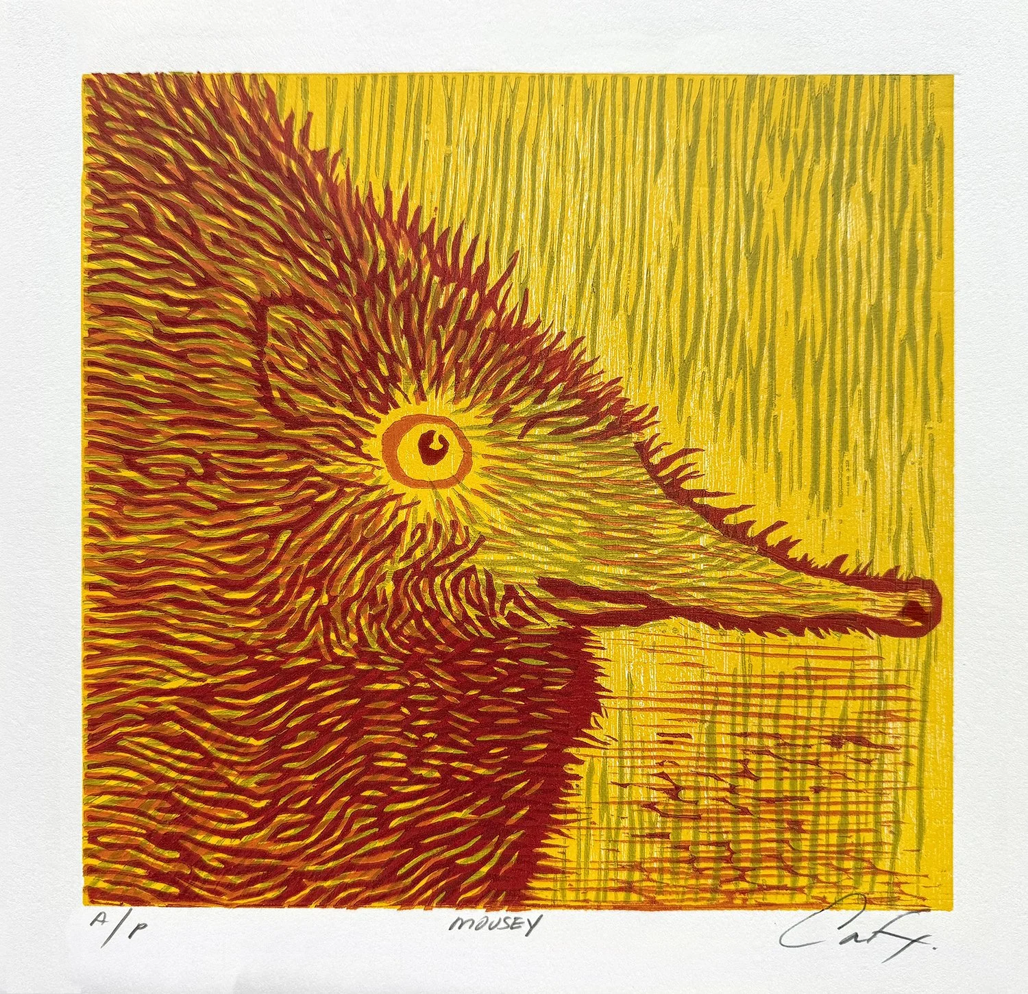 Mousey, 4-layer/color woodcut, 9 x 9 inches, 2025