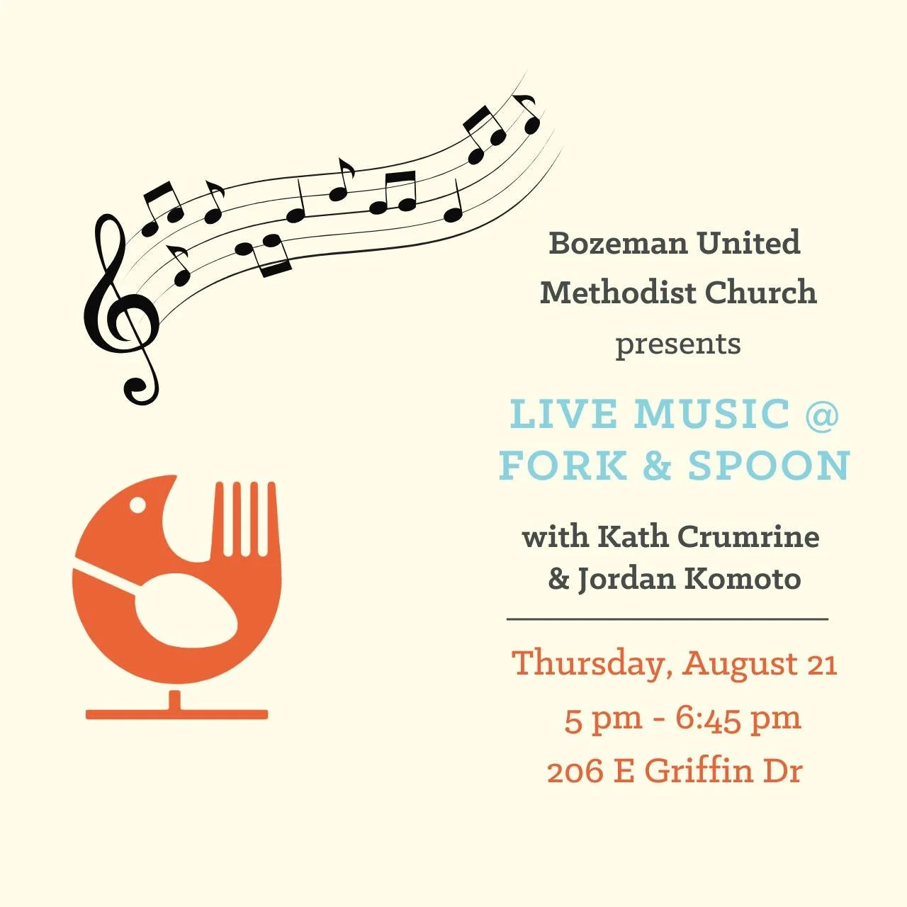 Dinner &amp; live music at Fork &amp; Spoon!
@kathcrumrine &amp; @jordankomoto singing all your favorites!

 #forkandspoonbozeman #bozemanunitedmethodistchurch #bozemanrestaurant #goodfooddoesgood